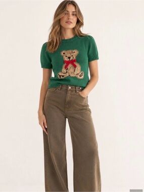 Entro Teddy Bear Bow Short Sleeve Sweater Holiday Green Women Small Clementine